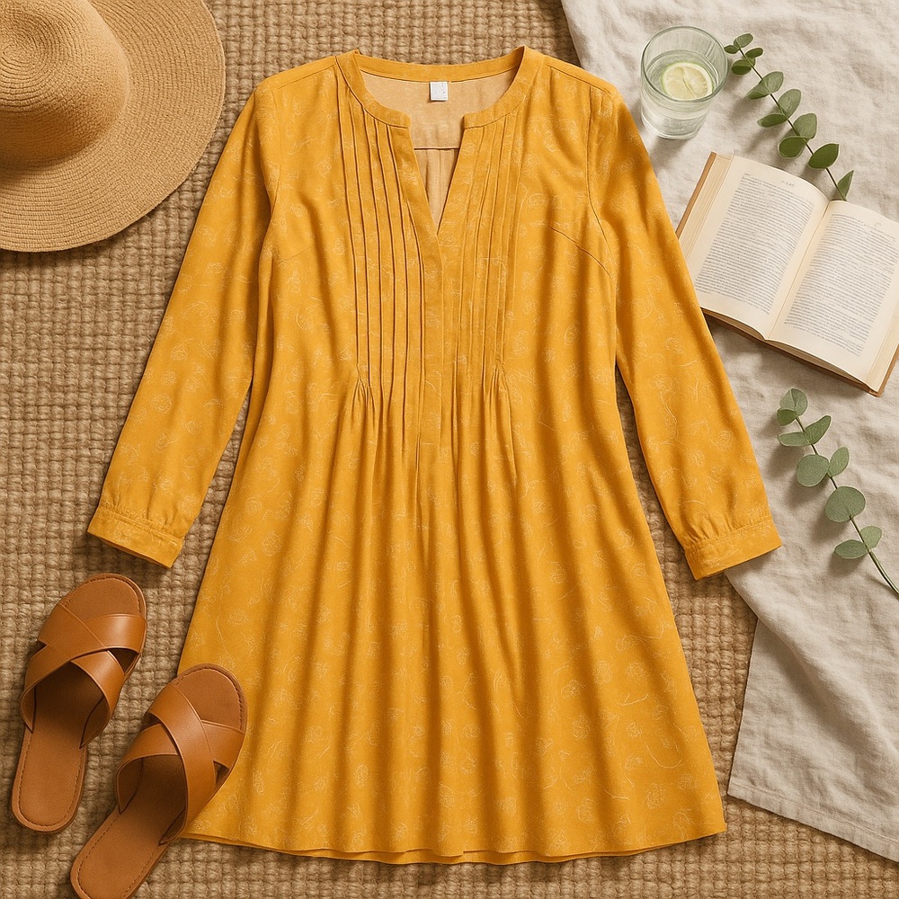 Old Navy Mustard Yellow Floral Long Sleeve Pintuck Dress Size Medium NWT